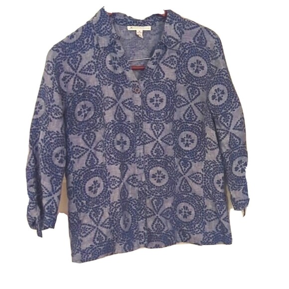 JM Collection Blue Linen Pattern Button Up Lightweight Jacket Shirt 14 Petite - Picture 1 of 5
